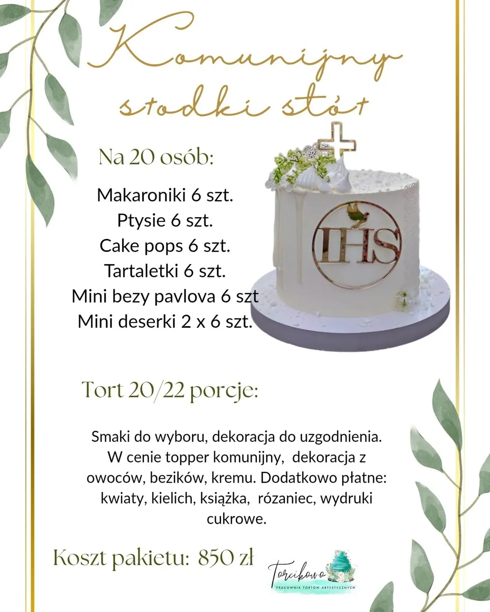 Pakiet komunijny na 20 osób: tort 20 do 22 porcji i słodkie przekąski